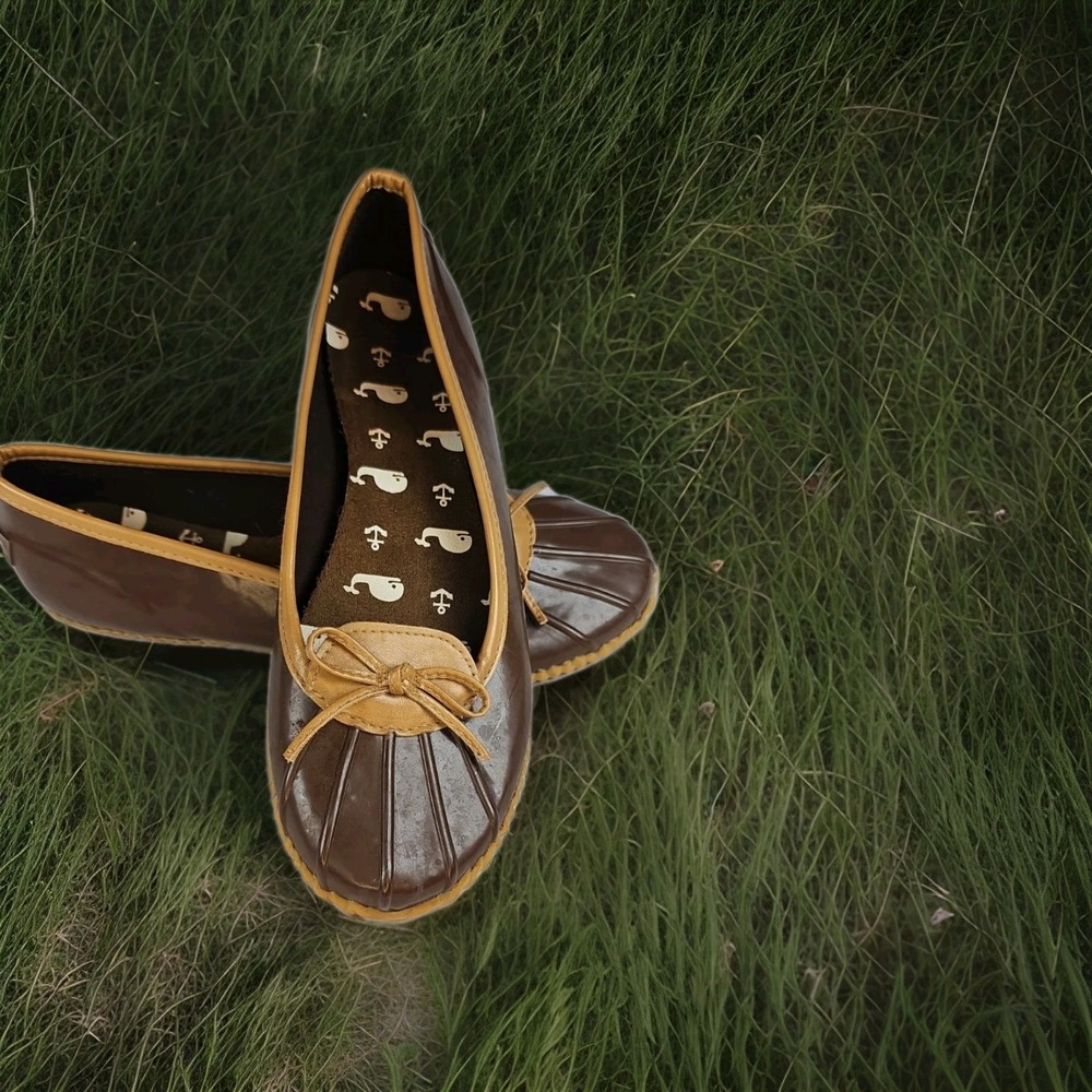 London Fog Webster Women's Duck Slip On Rubber Rain Shoes Dk. Brown/ Tan Size 11 - Picture 2 of 11